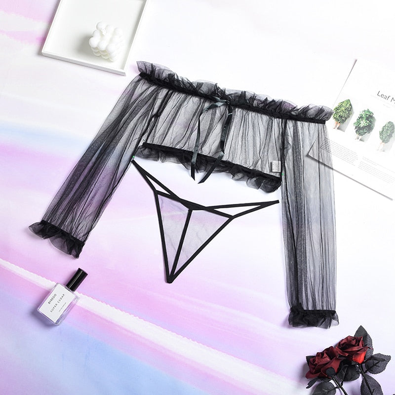 Transparent Off Shoulder Ruffle Long Sleeve Lace Sexy Top Thong Sets