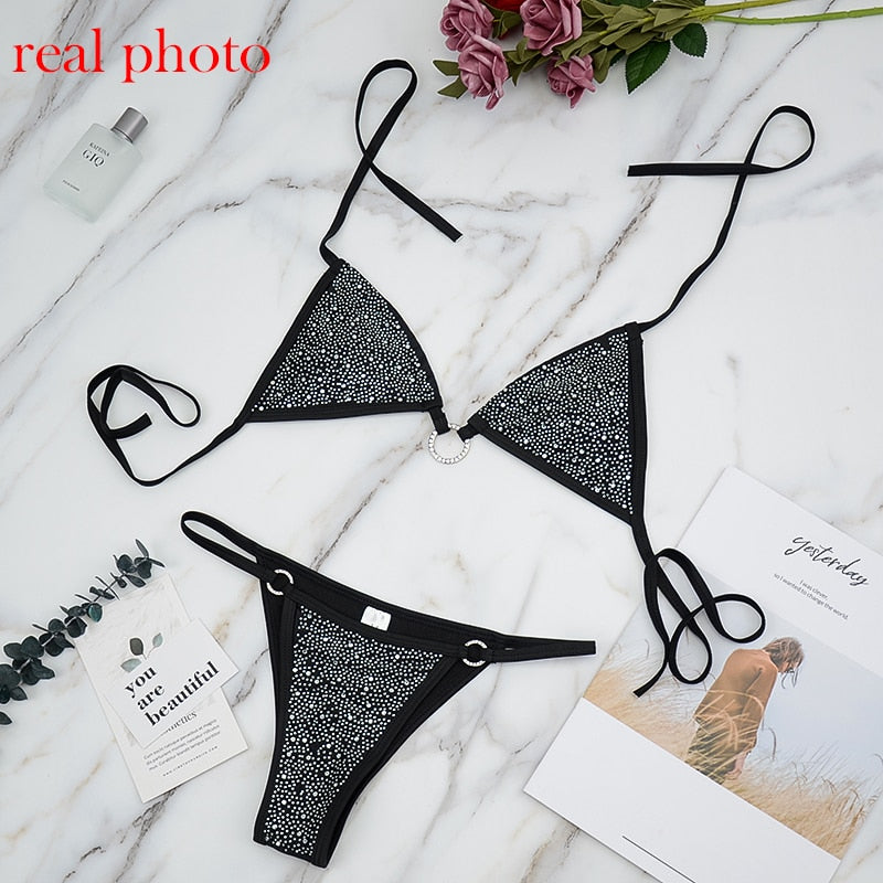 Sexy Diamond Bra Party Set Women Deep-V Halter Bra Sets 2 Piece Bralette and Thong Fashion Black White