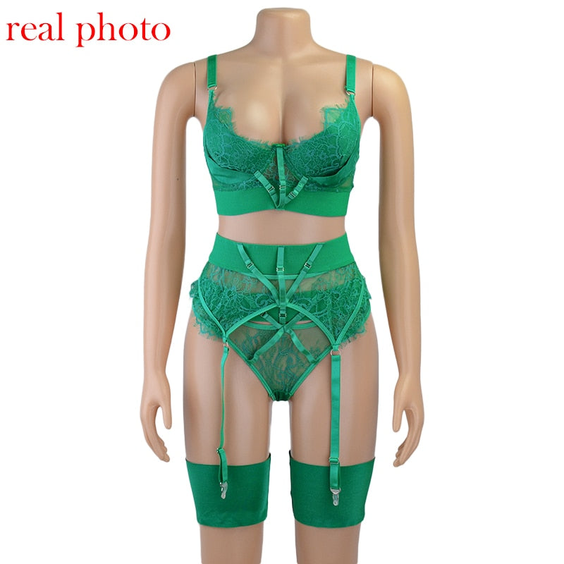 Sexy Bra Set Lace Bandage Set Sexy Push up Lenceria 3 Piece Set Erotic Lingerie