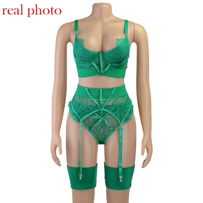 Sexy Bra Set Lace Bandage Set Sexy Push up Lenceria 3 Piece Set Erotic Lingerie