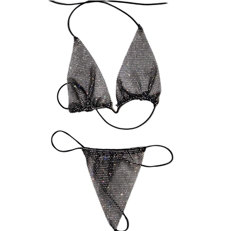 Bling Rhinestones Fishnet Bikini Women Halter Bra Sexy Panty 2 Piece Lady Set Sexy Swimwear Women
