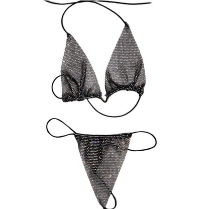 Bling Rhinestones Fishnet Bikini Women Halter Bra Sexy Panty 2 Piece Lady Set Sexy Swimwear Women