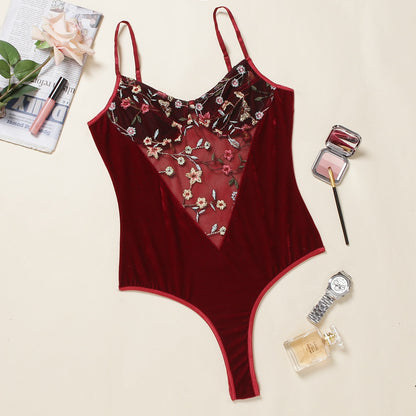 Velvet Bodysuit Women Floral Embroidery for Women Lace Patchwork Bodys Sexy Lace Bodysuit Dropshipping