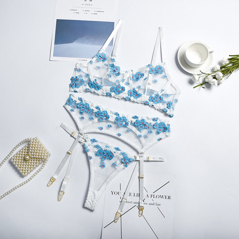Ellolace Applique Women's Underwear Lingerie Set Sexy Underwear Set Bra with Bones 3 Piece Set Transparent Exotic Lingerie Sexy