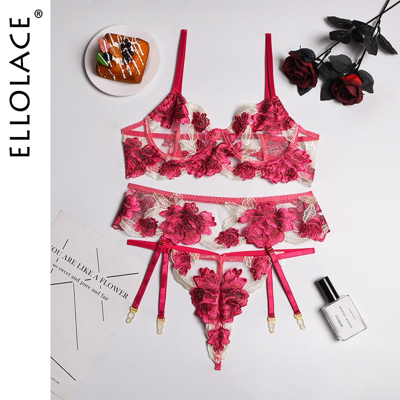 Ellolace Floral Lingerie Sexy Fancy Underwear Embroidery Erotic Brief Sets Lace Transparent Underwire Bra And Thong with Garters