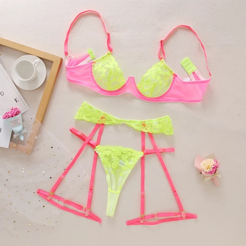 Ellolace Neon Lace Lingerie Sexy Underwear Heart-Shaped Embroidery Erotic Set Sensual Patchwork 3-Piece Garters Breves Sets