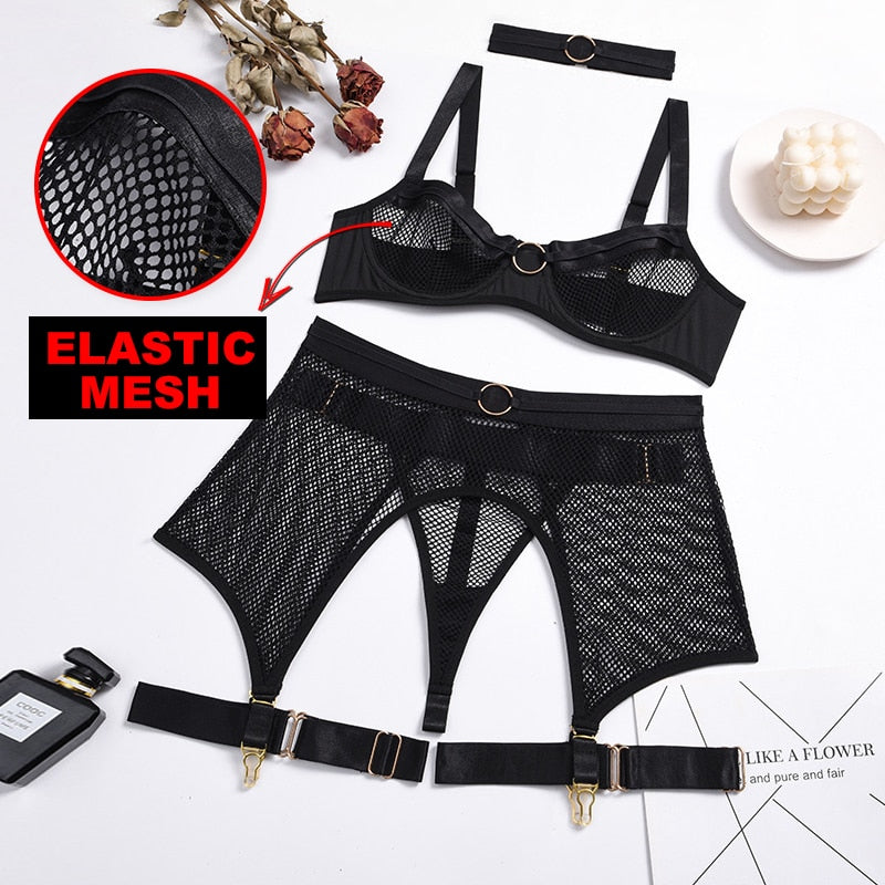 Ellolace Lingerie Women's Underwear 4 Piece Set Sensual Lingerie Women Bra with Bones Lingerie Set Erotic Lingerie Underwear Set