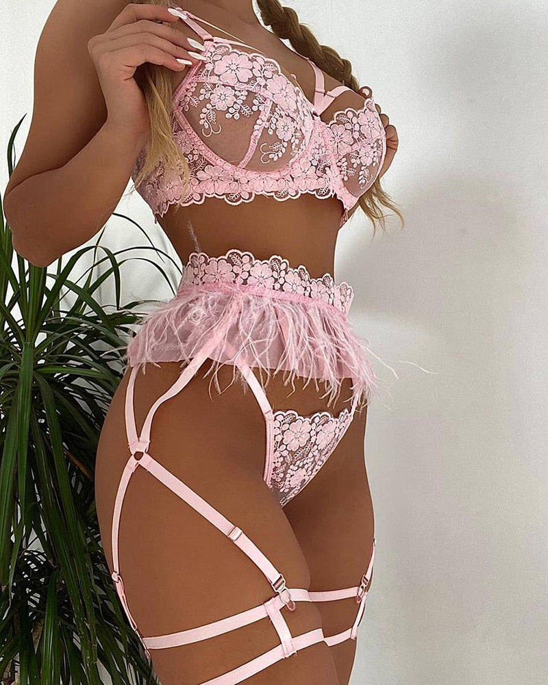 Ellolace Feder Sexy Dessous frauen Unterwäsche Set Frau 3 Stück Frauen Sets Dessous Sexy Push-up Sinnliche Dessous Frau