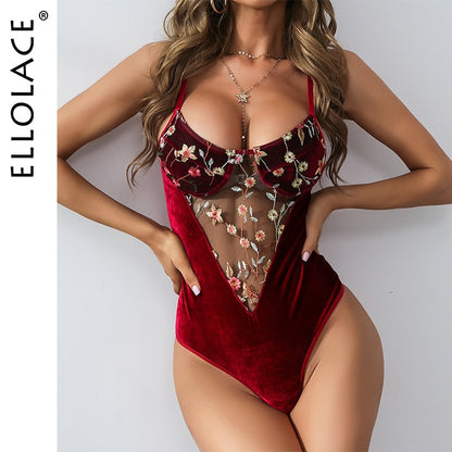 Velvet Bodysuit Women Floral Embroidery for Women Lace Patchwork Bodys Sexy Lace Bodysuit Dropshipping