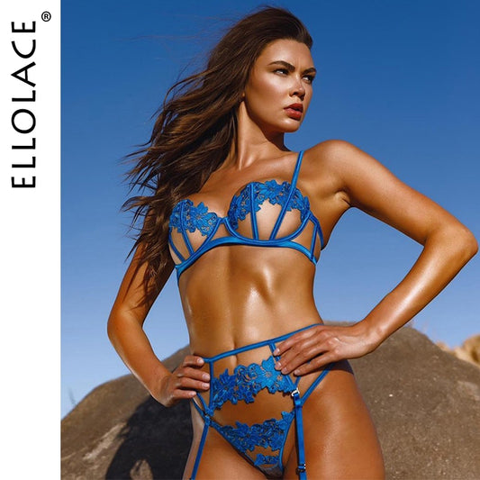 Ellolace Sensual Lingerie Underwear Erotic Hollow Out Brief Sets Push Up Underwire Bra Garters Thongs Sheer Fancy Exotic Costume