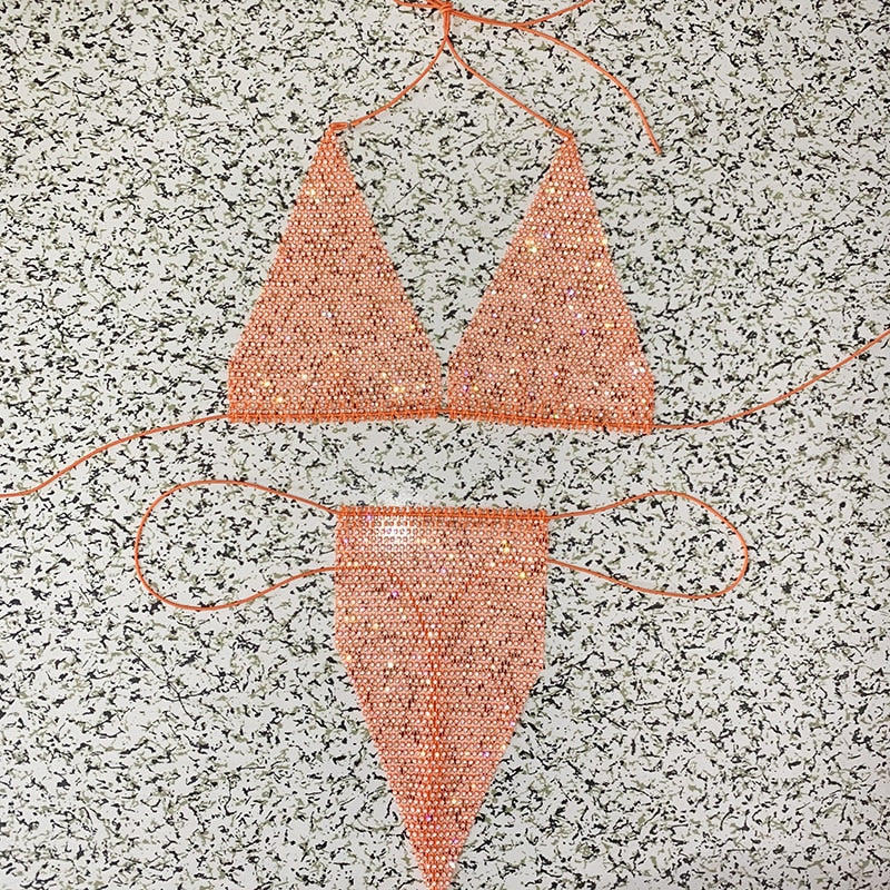 Bling Rhinestones Fishnet Bikini Women Halter Bra Sexy Panty 2 Piece Lady Set Sexy Swimwear Women