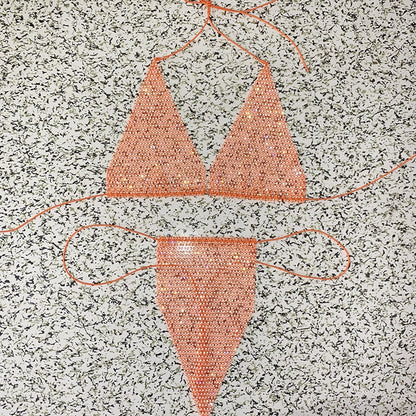 Bling Rhinestones Fishnet Bikini Women Halter Bra Sexy Panty 2 Piece Lady Set Sexy Swimwear Women