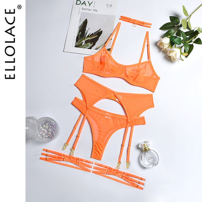 Set 4 Pieces Sexy Erotic Bra Garters Brief Sets Transparent Lace Blue