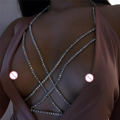 Shining Rhinestones Chest Cross Chain Boho Multi Layers Chest Chain Harness Jewellery Jewelry Crystal Chest