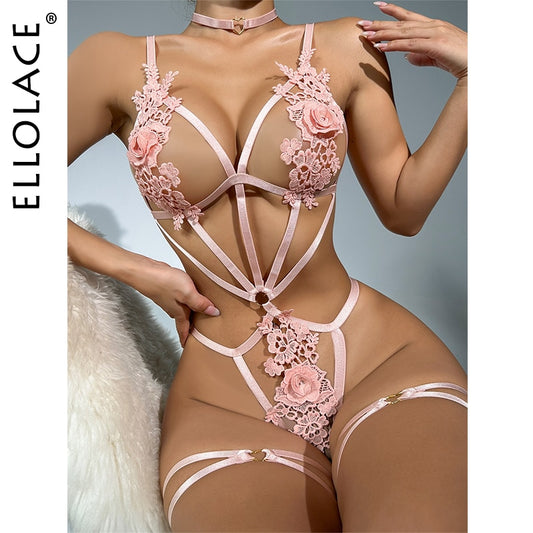 Ellolace Sensual Bodysuit Sissy Floral Porn Body Hot Erotic Costume Tights Hollow Out Naked Fantasia Outfit Backless Teddy