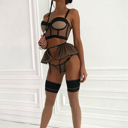 Ellolace Sexy Lingerie Sensual Fancy Underwear Ruffle Garter Belt Set 3-Piece Lace Padded Bra Delicate Luxury Erotic Sets