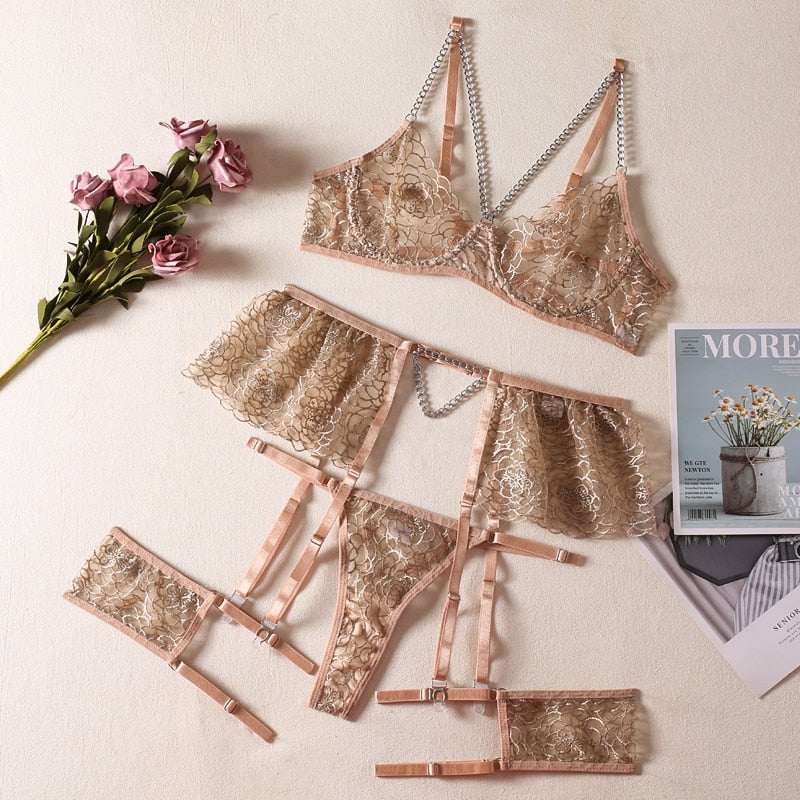 Ellolace Erotic Lingerie Porn Underwear Uncensored Transparent Bra Briefs 5-Piece Fancy Lace Delicate Fine Intimate Luxury Sets