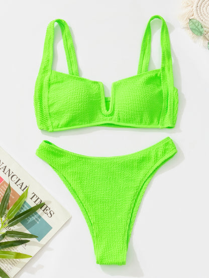 Ruched Swimwear Deep-V Swimsuit New Sexy Push Up Beach Bikini Separate Solid Bathing Women Brazilian