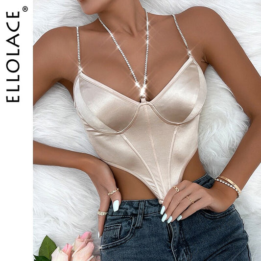 Ellolace Rhinestone Satin Corset Top Asymmetrical Hem Fashion Summer Slimming Corset Khaki Body Lingerie Beauty Spaghetti Top