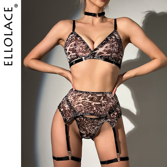 Ellolace Luxury Print Lingerie Wireless Cross Bra Sexy Outfits See Through Tulle Underwear Erotic Garter Belt Set Sissy Intimate