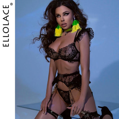 Ellolace Luxury Lace Lingerie Delicate Fancy Underwear Polka Dots Ruffles Transparent Sensual Exotic Sets With Garters 5-Pieces
