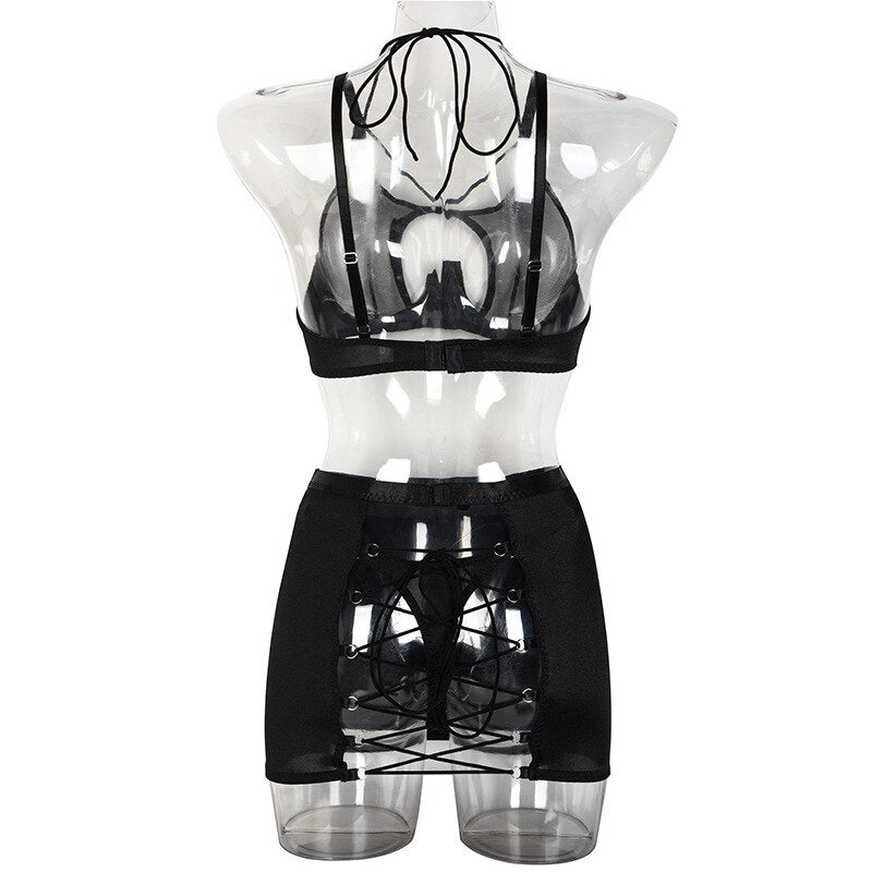 Sheer Transparent Sexy Bandage Erotic Bra Set With Garter