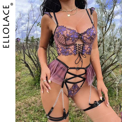 Ellolace Luxury Lingerie Fancy Lace Sexy Porn Underwear Women Body Floral Embroidery See Through Bra Thongs Garters Intimate