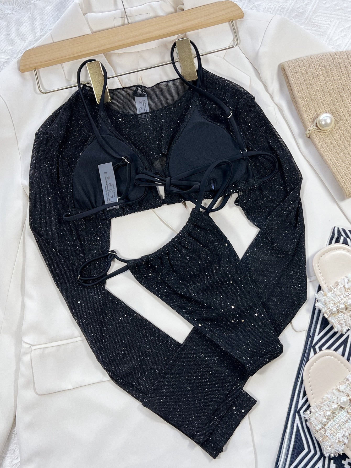 Micro Erotic Swimsuit New Black Glitter Separate Swimwear And Crop Top Long Sleeve Harajuku Full Bikini