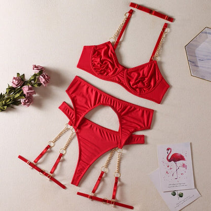 Ellolace Lingerie Seamless Female Underwear With Chain Strap Red Hot Sexy Intimate Luxury Garter Suit Solid Fine Linen Sets