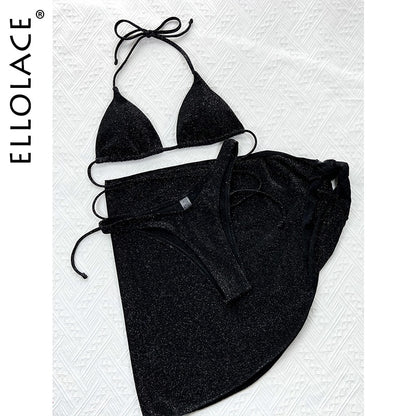 Glitter Swimwear With Cover Up Beach Brazilian Wrap Around Micro Bikini 3-Piece Padded Low Waist Swimming Sets