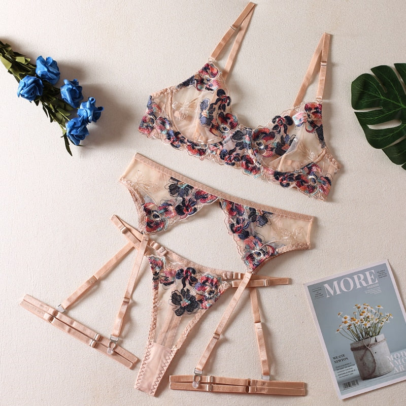 Floral 5-Piece Transparent Lace Push Up Bra Panty Set Garter Sexy