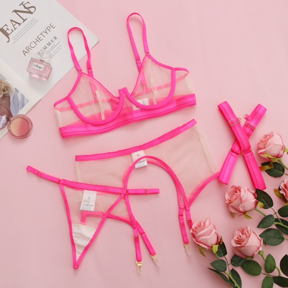 Neon Sexy Transparent Bra Panty Set 4-Pieces Sets