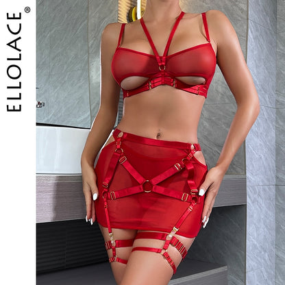 Fetish G-String Thong Cutting 5-Piece Garter Transparent Halter Bra Set