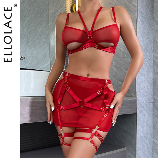 Fetish G-String Thong Cutting 5-Piece Garter Transparent Halter Bra Set