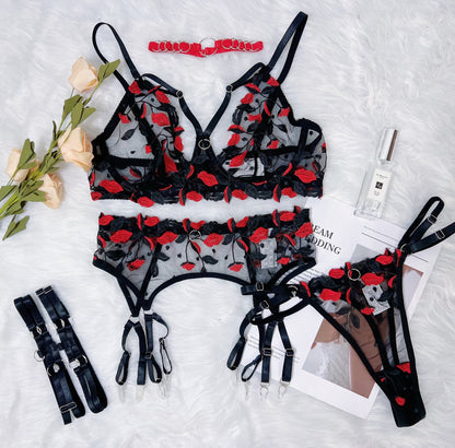 Ellolace Floral Lingerie Fancy Lace Underwear 5-Piece See Through Bra Fairy Fetish Outfits Sexy Delicate Garter Exotic Sets