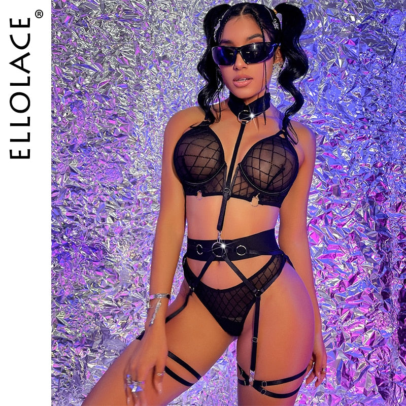 Ellolace Fancy Lingerie Check Embroidery Lace Underwear Transparent Bra 4-Piece Halter Garter Belt Set Luxury Deep-V Outfits
