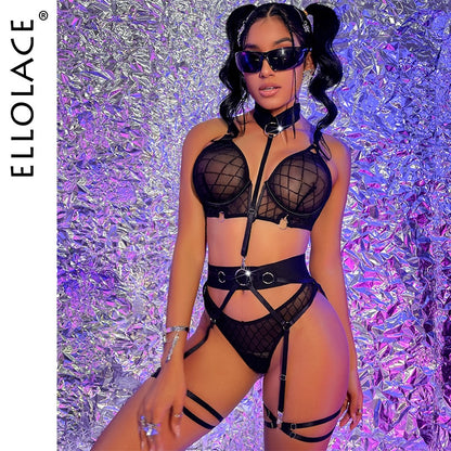 Ellolace Fancy Lingerie Check Embroidery Lace Underwear Transparent Bra 4-Piece Halter Garter Belt Set Luxury Deep-V Outfits