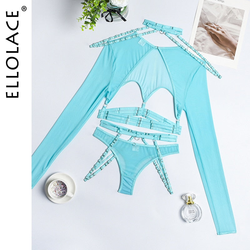 Sexy Costume Cut Out Transparent t-Shirts Gothic 4-Piece Garter Belt