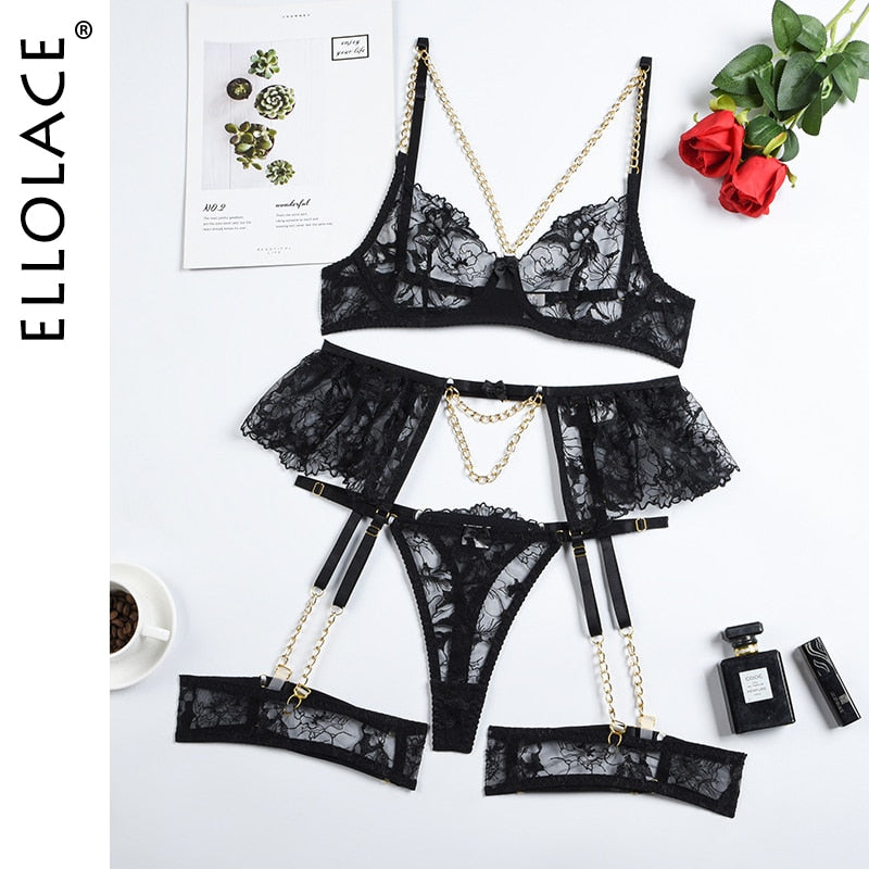 Lace Sexy Transparent Bra Panty Sets With Chain Sets 4-Piece