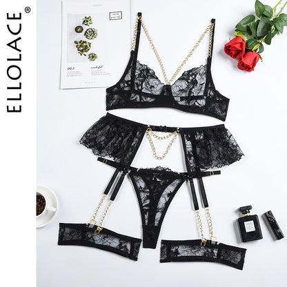 Lace Sexy Transparent Bra Panty Sets With Chain Sets 4-Piece