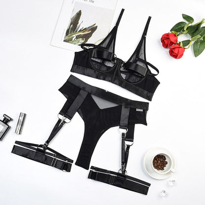 Fancy Lingerie Sensual Bilizna Set Bra Kit Push up Transparent Mesh Underwear Sexy Luxury Garter Fine Exotic Sets
