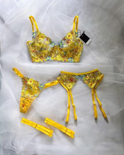 Floral Lace Sexy Garter Brief Sets 4-Piece Transparent