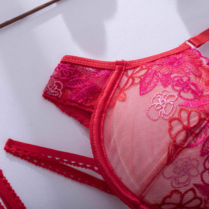 Ellolace Love Red Lingerie Sexy Bra And Panty Set 3-Pieces Luxury Lace Fancy Underwear Thongs Garters Erotic Intimate Set