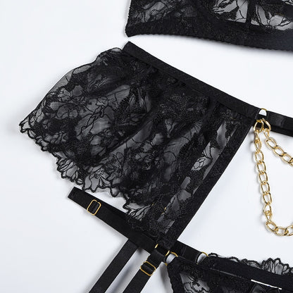 Lace Sexy Transparent Bra Panty Sets With Chain Sets 4-Piece