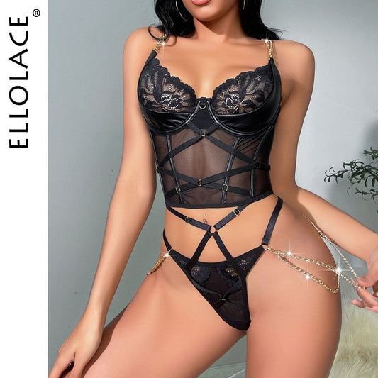 Ellolace Fancy Lingerie With Chain Lace Erotic Set Sensual Thongs Outfit Bra Kit Push Up Intimate Black See-Through Underwear