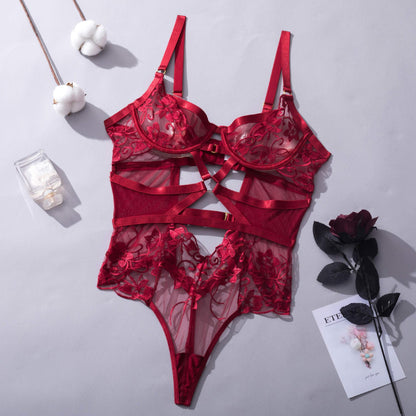 Erotic Bodysuit Cut Out See-Through One-Piece Backless Thongs Teddy Embroidery Sexy