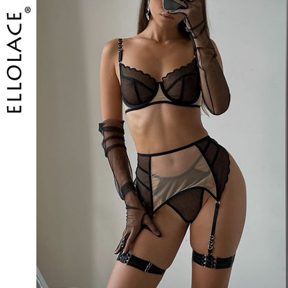 Ellolace Lace Lingerie Fancy Underwear 4-Piece Transparent Bra Kit Push Up Patchwork Bilizna Set See Through Lace Intimate