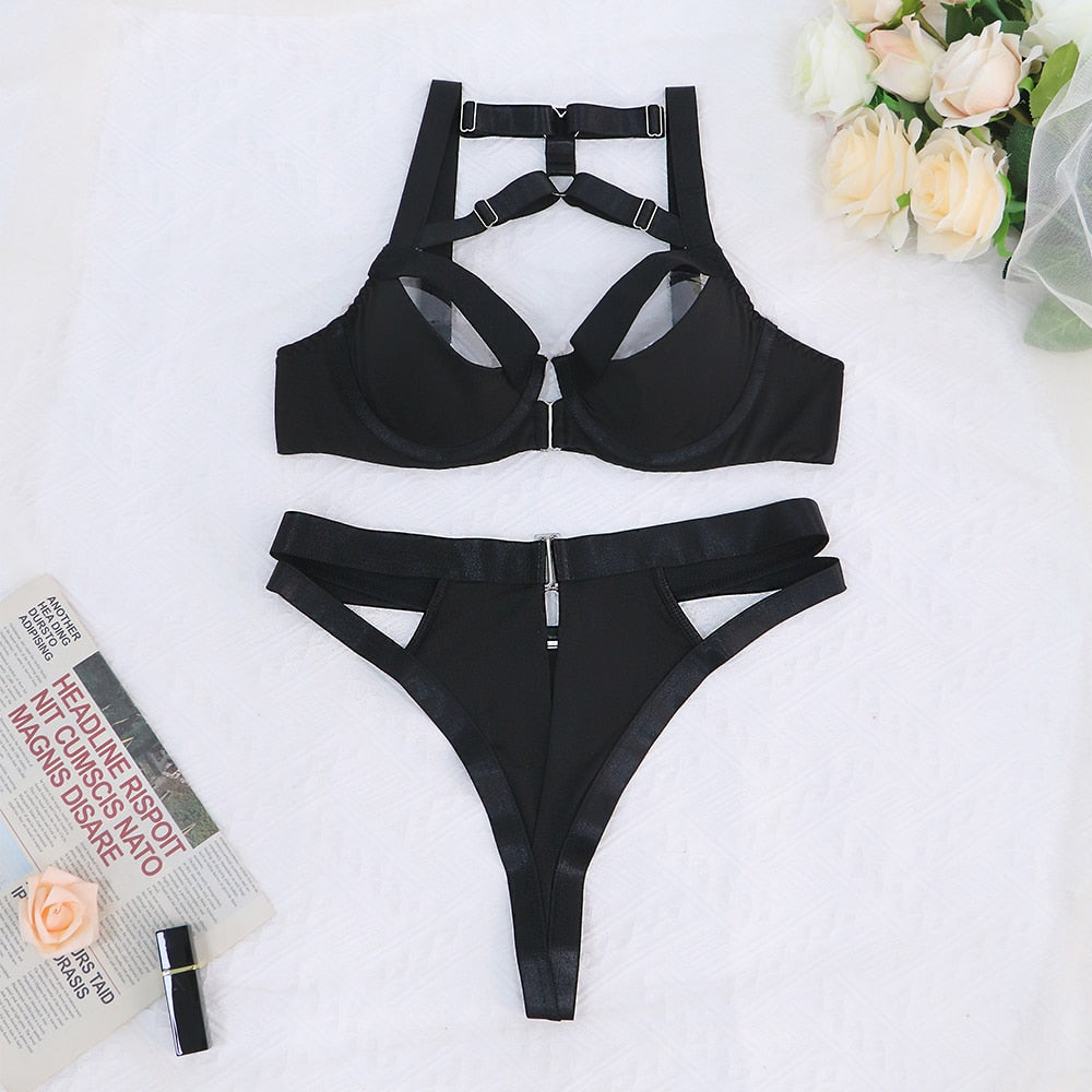Ellolace Sexy Open Lingerie Halloween Cutting Underwear Halter Bra Thongd Uncensored 2-Piece Intimate Woman Sensual Exotic Sets