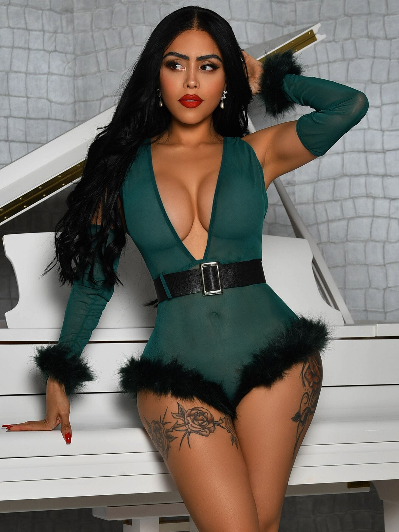 Feather Bodysuit With Sleeves Deep-V Bodycon Sexy Erotic Clothing Lace Top Green Tight