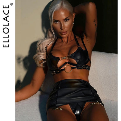 Latex Fetish Bandage Hollow Skirt Halter Push-Up Bras PVC 3-Pieces